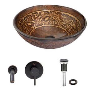 Vigo Glass Vessel Sink in Golden Greek with Olus Wall Mount Faucet Set in Antique Rubbed Bronze VGT327