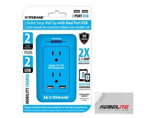 2 Outlet Surge Protector with 2.1amp & Dual USB Ports for ALL Electronics (Blue)