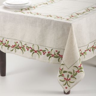 Embroidered Holly Design Linen Blend Tablecloth   15826776  