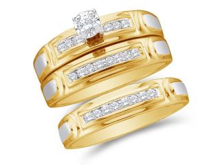 10K Yellow and White Two Tone Gold Diamond Trio 3 Ring His & Hers Set   Solitaire Setting w/ Channel Set Round Diamonds   (1/4 cttw, G H, SI2)   SEE "OVERVIEW" TO CHOOSE BOTH SIZES