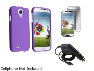 Insten Purple Rubber Hard Case + Car Charger + Mirror Guard Compatible with Samsung Galaxy SIV S4 i9500