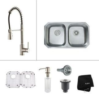 KRAUS All in One Undermount Stainless Steel 32.25 in. Double Bowl Kitchen Sink and Faucet Set in Stainless Steel KBU22 KPF1612 KSD30SS