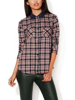 Faux Leather Collar Flannel Shirt by Renvy