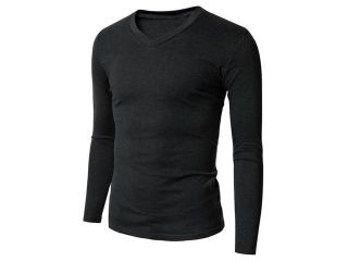 Mens Long Sleeve Cotton Solid Casual Top T Shirt Basic Ribbed V Neck Black S XL