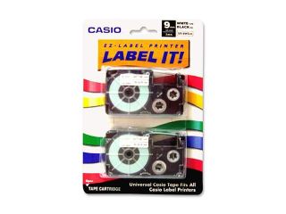 Casio XR9WE2S Tape Cassettes for KL Label Makers, 9mm x 26ft, Black on White, 2/Pack
