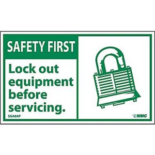 Safety First, Lockout Equipment Before Servicing, 3X5, Adhesive Vinyl, 5/Pk