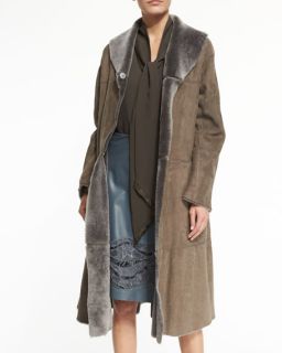 Lafayette 148 New York Hudson Lamb Fur Coat, Charlie Sleeveless Scarf Neck Blouse & Tatiana Leather Skirt W/ Lace Stripe