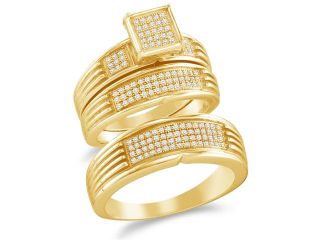.925 Silver Plated in Yellow Gold Diamond His & Hers Trio Set   Square Shape Center Setting w/ Micro Pave Set Round Diamonds   (2/5 cttw, G H, SI2)   SEE "OVERVIEW" TO CHOOSE BOTH SIZES