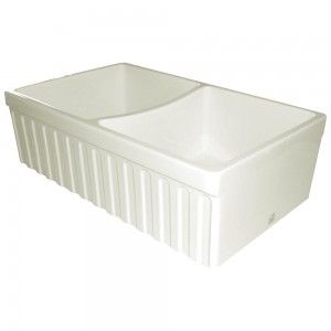 Whitehaus WHQDB332 BISCUIT Kitchen Sink, 33" Quatro Alcove Fireclay Reversible w/Fluted Front Apron & 2" Lip One Side and 2 1/2" On Other, Double Bowl   Biscuit
