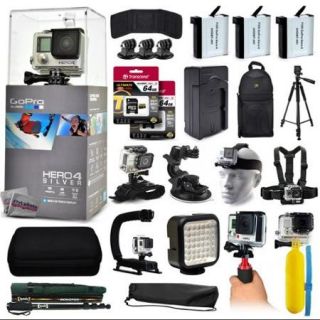 GoPro Hero 4 HERO4 Silver CHDHY 401 with 128GB Memory + 3x Batteries + Travel Charger + Backpack + 60? Tripod + Head/Chest Strap + Suction Cup + Hand Glove + LED Light + Stabilizer + Case + More!