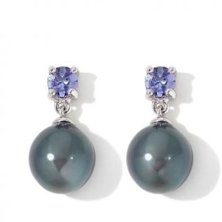 8 9mm Cultured Tahitian Pearl and Blue Tanzanite Sterling Silver Drop Earrings   7711131
