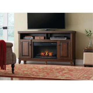 Home Decorators Collection Benadretti 61 in. Media Console Electric Fireplace in Brown with Rivet Details 89512