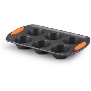 Rachael Ray Yum o! Nonstick Bakeware 6 Cup Oven Lovin’ Cups Muffin Pan, Gray with Orange Handles