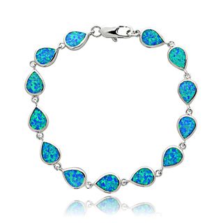 Glitzy Rocks Silvertone Created Blue Opal Teardrop Link Bracelet