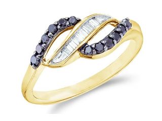 14k Yellow Gold Black and White Diamond Channel Set Cross Over Round Cut & Baguette Ladies Diamond Fashion Anniversary Ring Band 7mm (1/3 cttw, H Color, I1 Clarity)