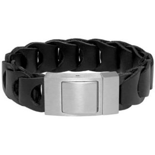 Stainless Steel Men's Black Leather Bracelet