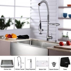 Kraus KHF200 33 KPF1602 KSD30CH 33 inch Farmhouse Single Bowl Stainless Steel Kitchen Sink with Chrome Kitchen Faucet and Soap Dispenser