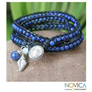 Phuket Sea Blue Lapis Lazuli Beads with Black Leather and 925 Sterling