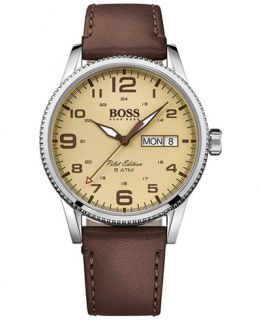 Hugo Boss Mens Pilot Brown Leather Strap Watch 44mm 1513332   Watches